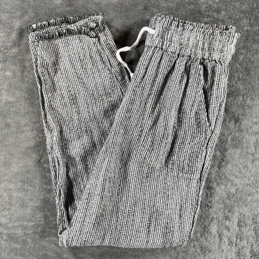 Aerie High Rise Pinstripe Fringe Lounge Pants Black White Beach Flowy Breathable